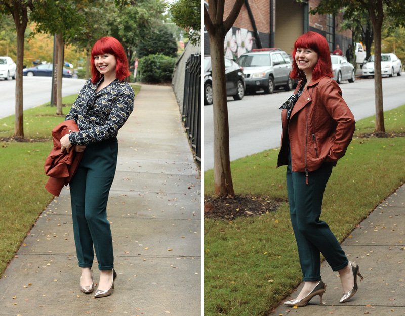 A two-photo collage of a woman with red hair wearing teal skinny pants, a navy patterned bow blouse, a brown biker jacket and silver heels, shown with and without the jacket