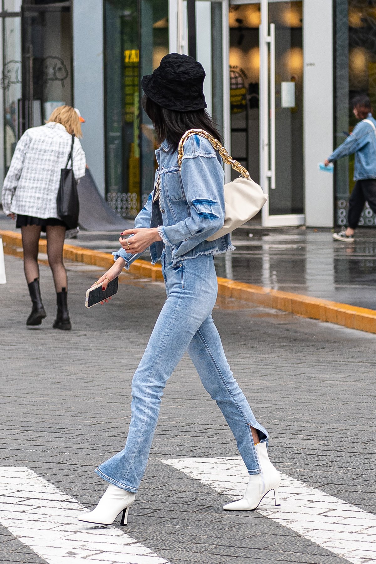Double Denim With White Heeled Boots