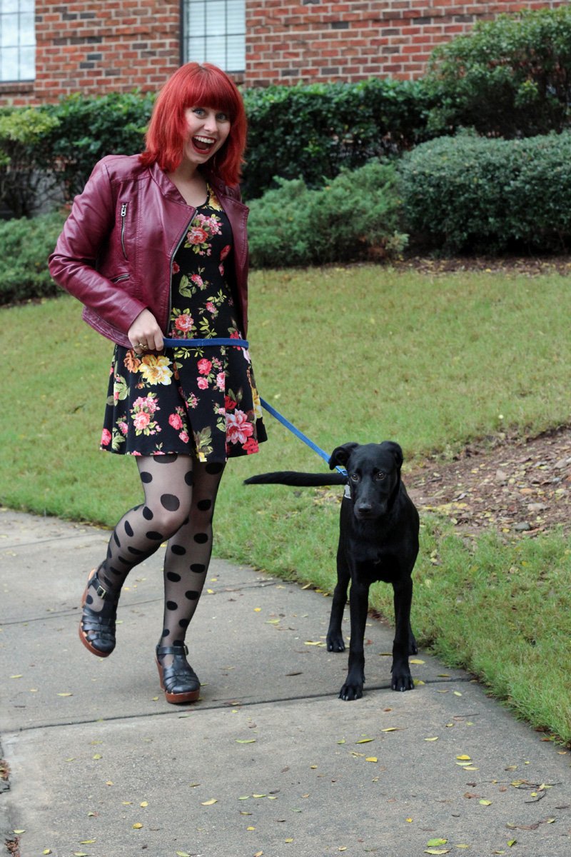 A woman with red hair walking a black dog on a leash, wearing a burgundy leather jacket, a floral dress, polka-dot tights and ankle boots