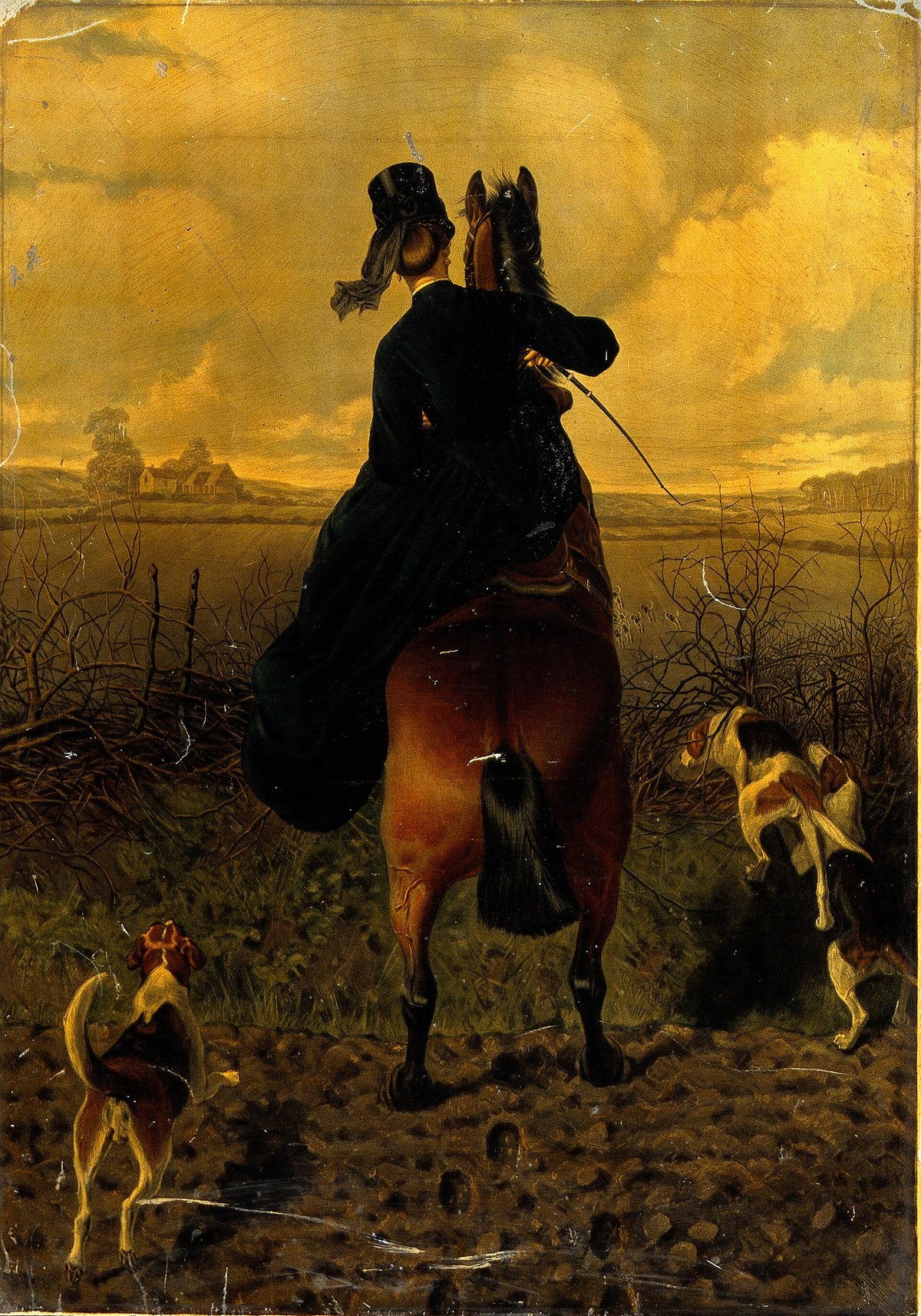 Color 19th-century print of a horsewoman in a black riding habit and top hat jumping a fence in golden autumn tones