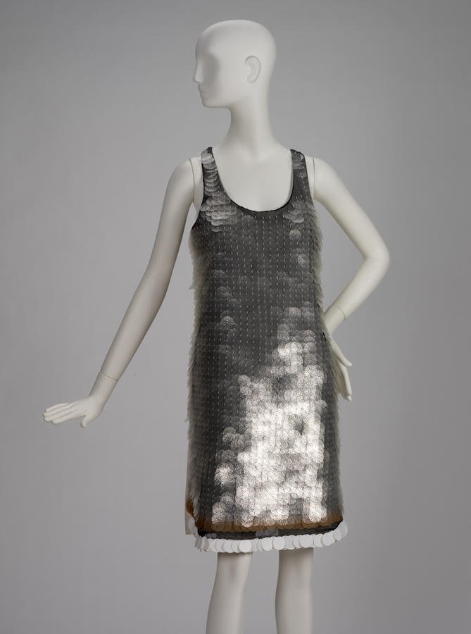A silver-grey sequin shift cocktail dress with gold trim on a mannequin, Marni 2008