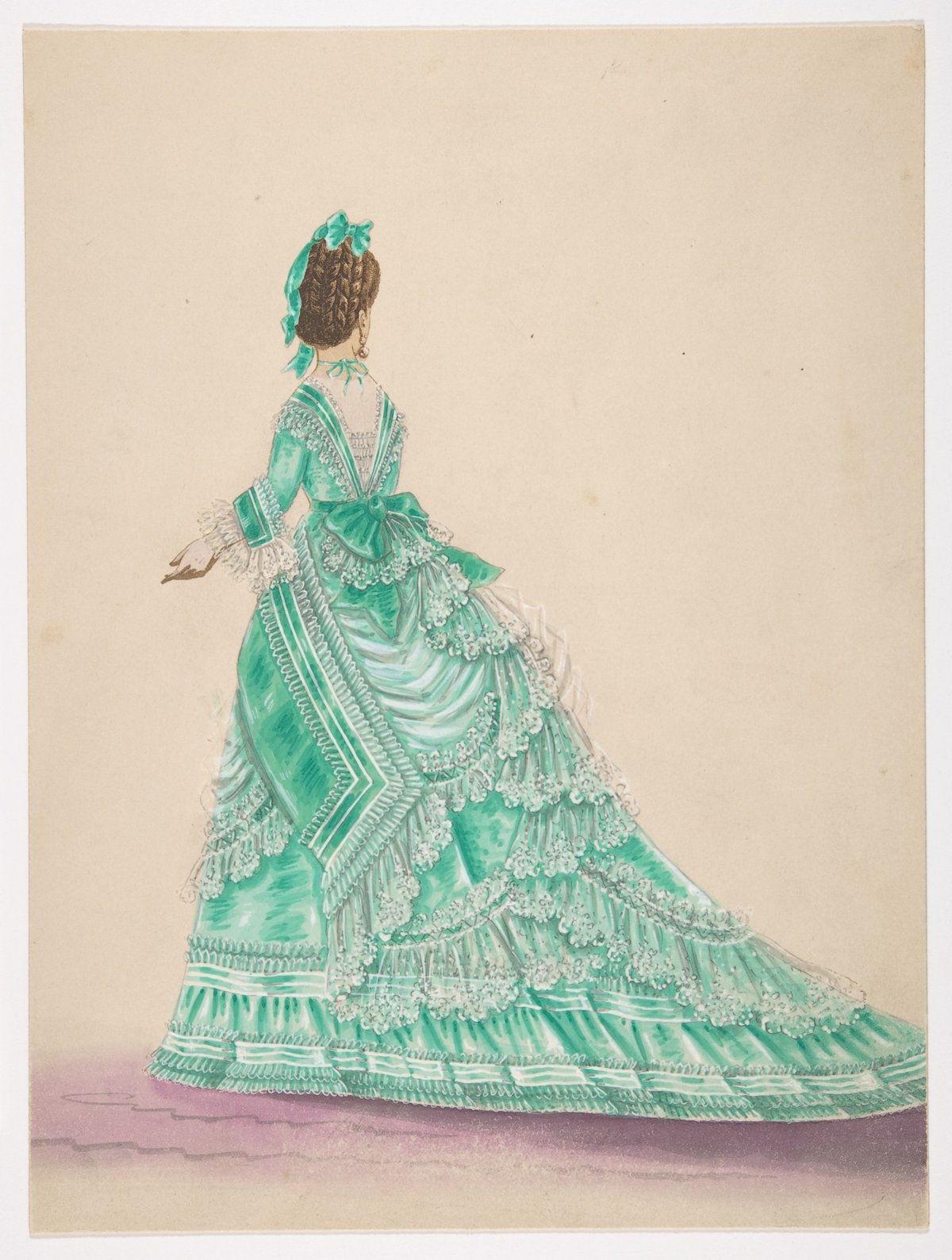 Watercolor fashion study showing the back of a mint green lace trimmed gown with bows