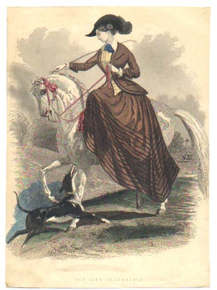 Hand-colored 1847 fashion plate of a woman sidesaddle on a horse in a brown riding habit with a blue bow tie and hat, with a greyhound