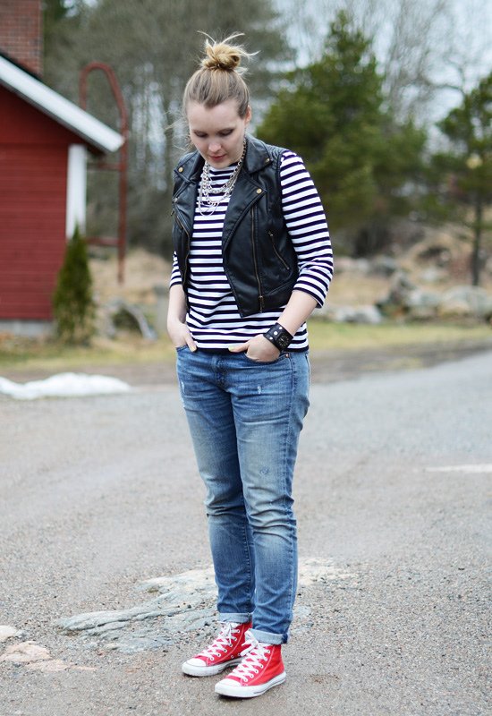 Striped Top, Leather Vest and Red High-Tops