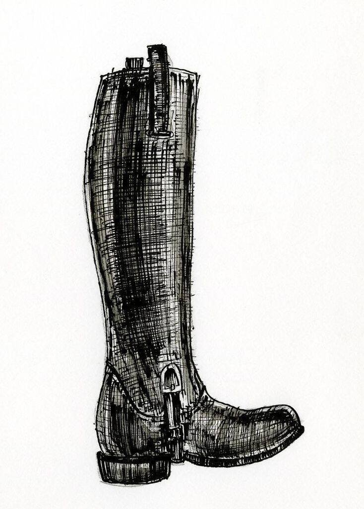 Pen-and-ink illustration of a single tall riding boot